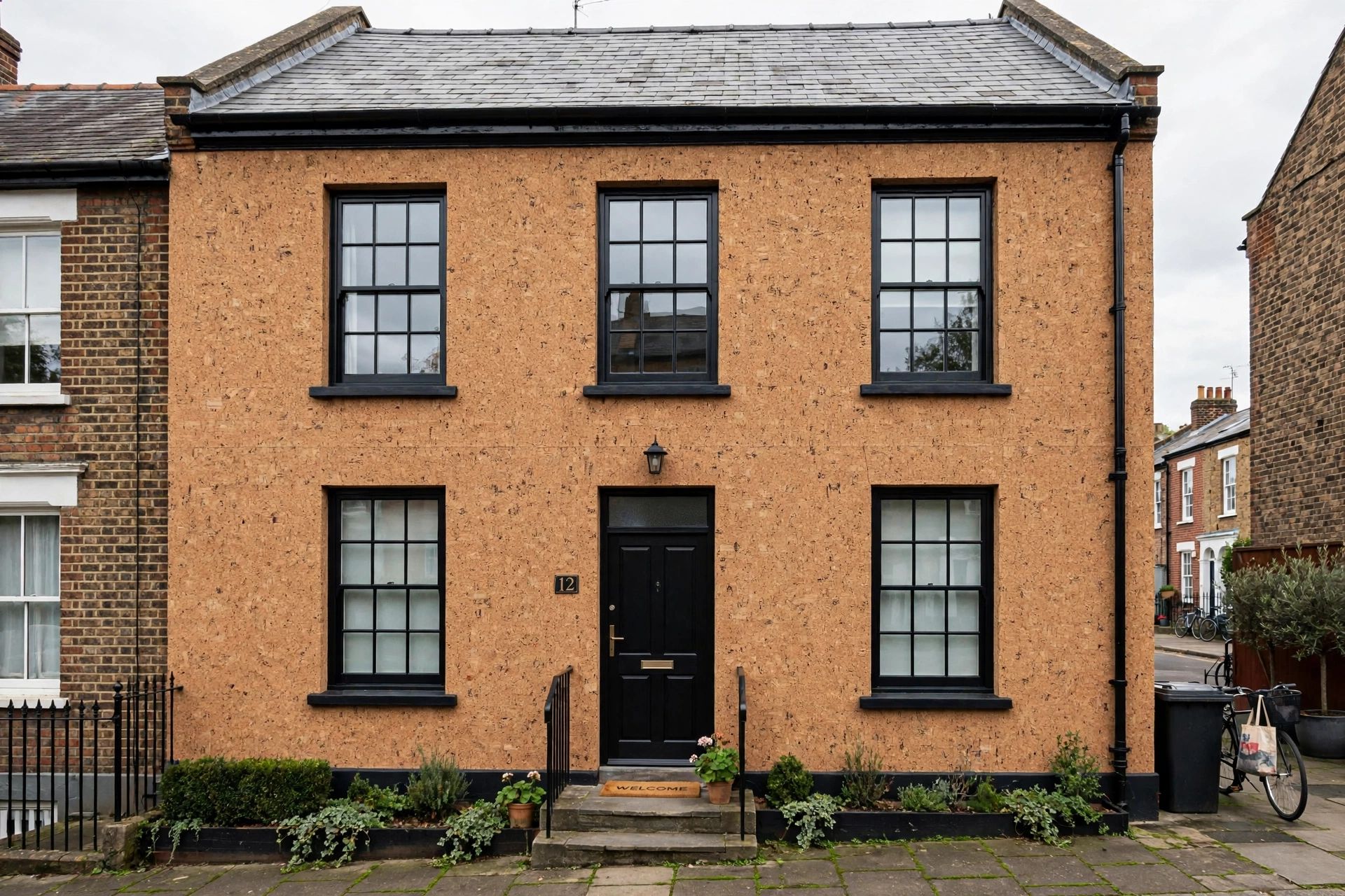 A Bristol home with an exterior elevation finished in a natural-coloured textured cork coating
