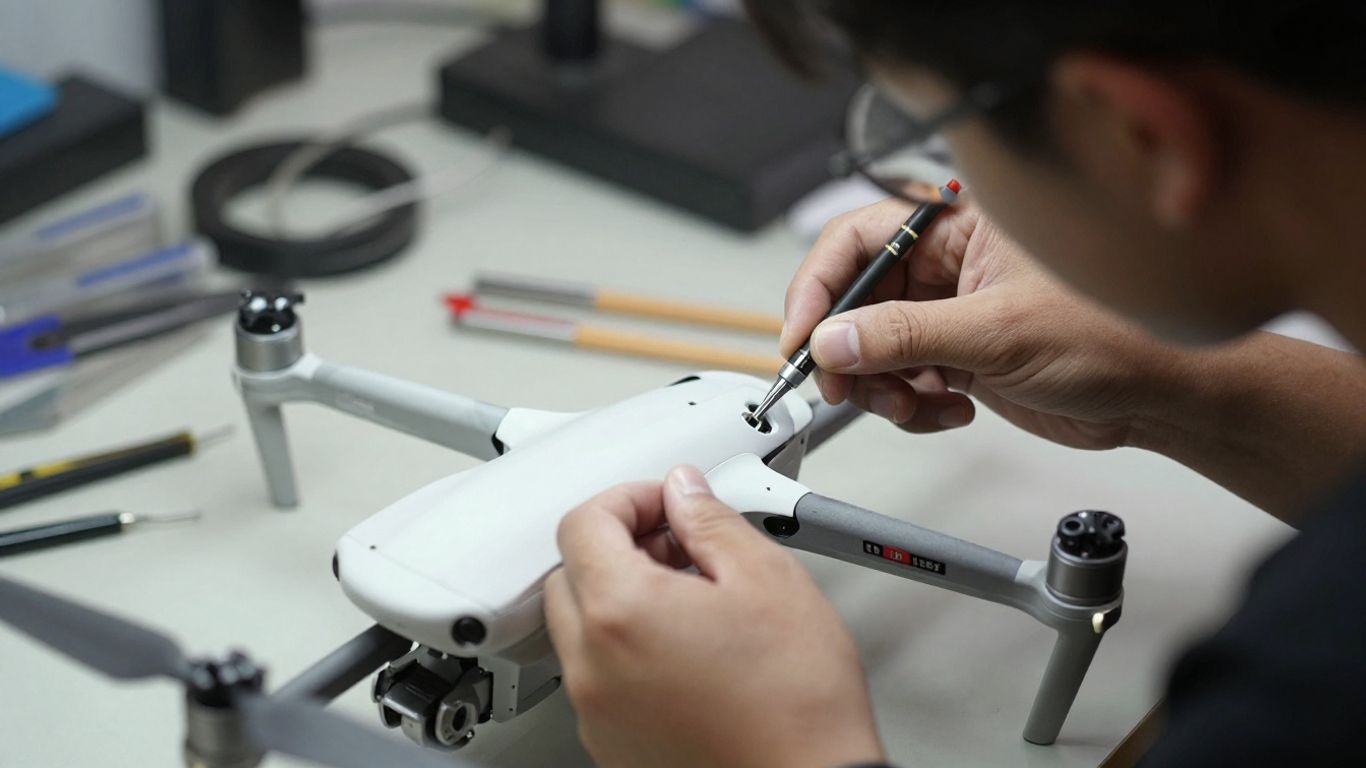 Drone repair technician fixing a damaged drone.
