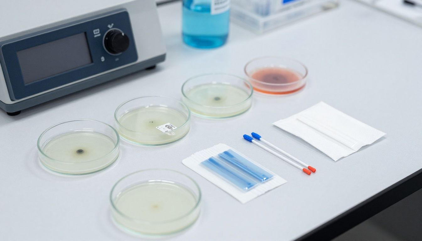Close-up of mold testing equipment, including petri dishes, air sampling cassettes, and swabs, laid out on a clean surface.