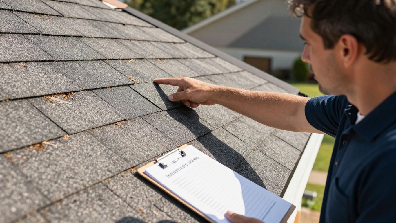 Homeowner and roofer inspect damaged roof after storm.