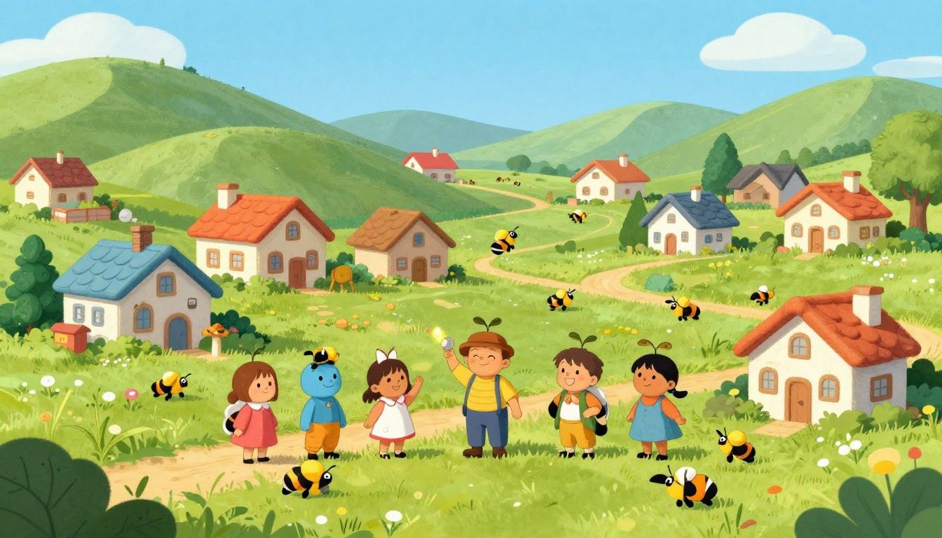Honey Grove em uma vila colorida com abelhas, plantações e personagens amigáveis