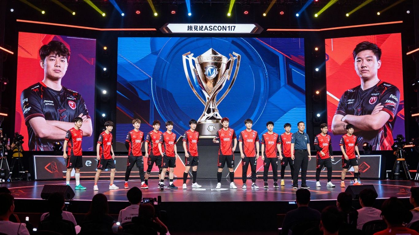 MPL ID S17 championship match with players and trophy.