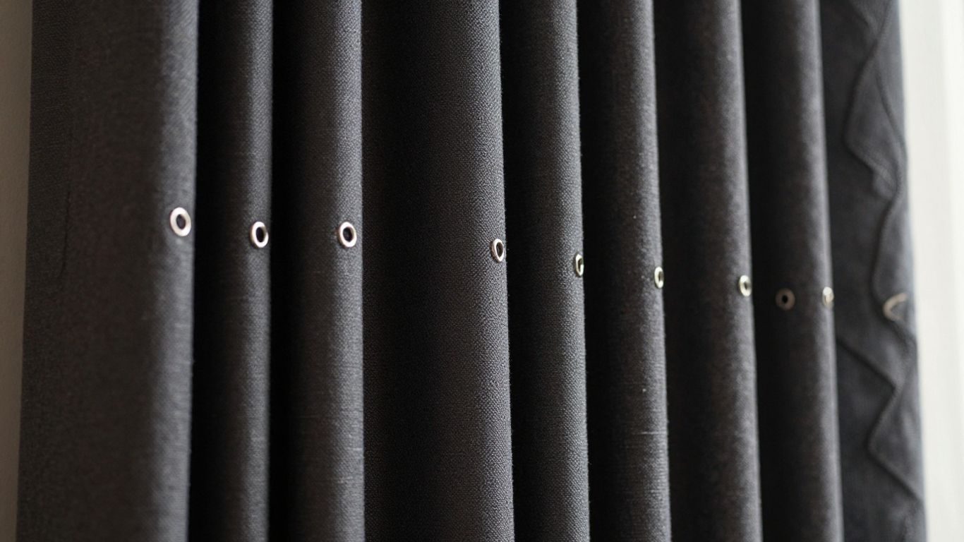 Dunelm blackout eyelet curtains in a dark fabric.