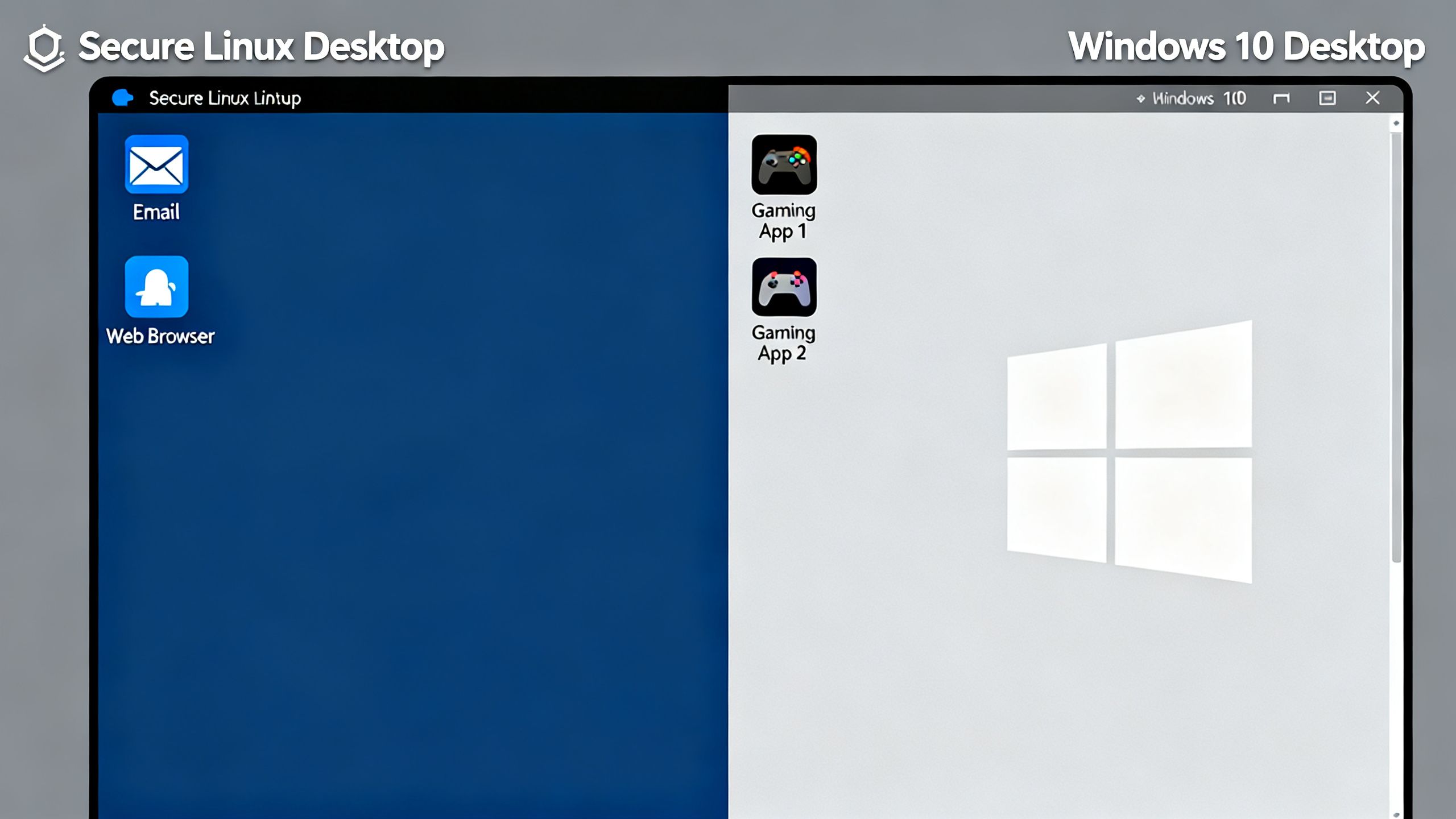 A split screen showing high-risk apps like email and web browsers on a secure Linux desktop, and gaming apps on a separate Windows 10 desktop.