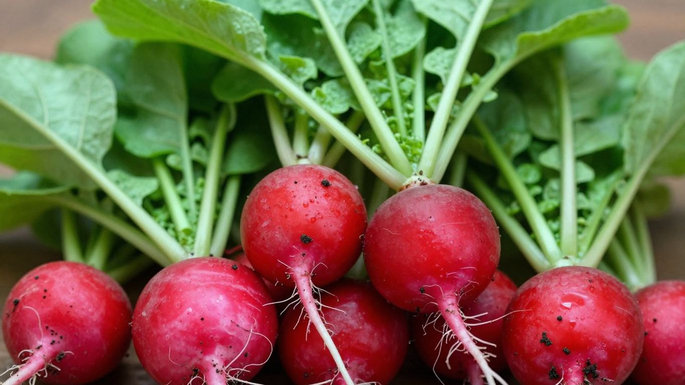 Frische Radieschen mit grünen Blättern im Garten