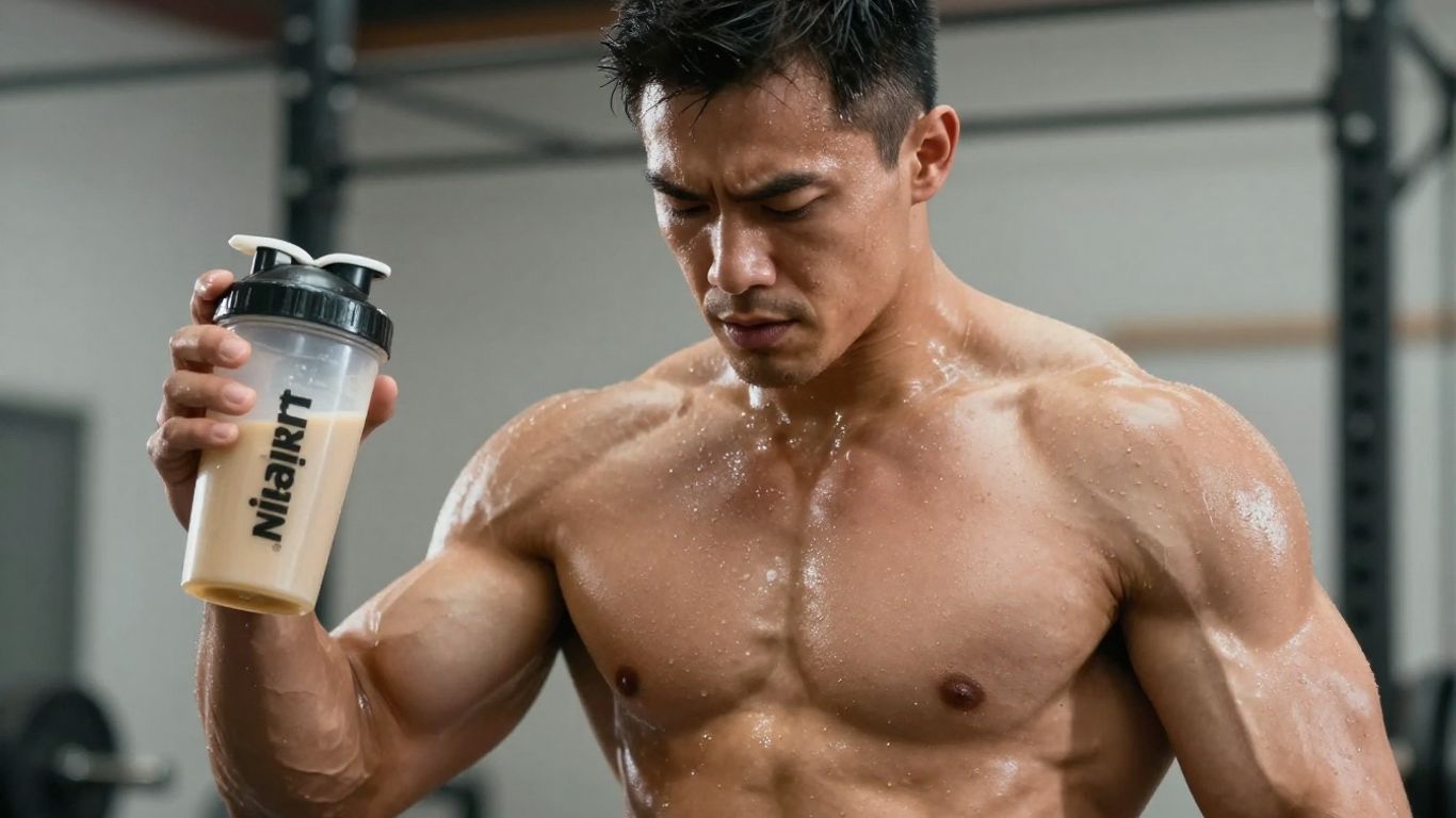Athlete holding a protein shaker after a workout.