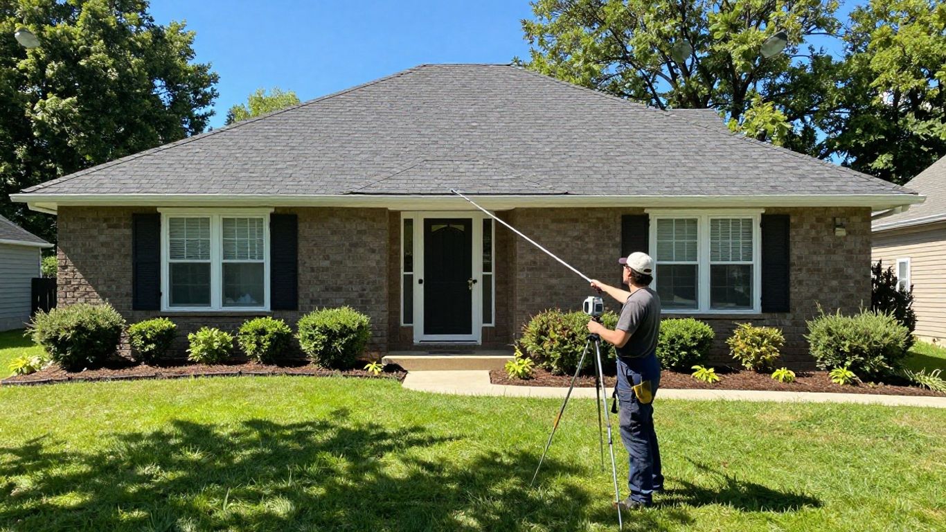 Homeowner getting roof measurements with a tool.