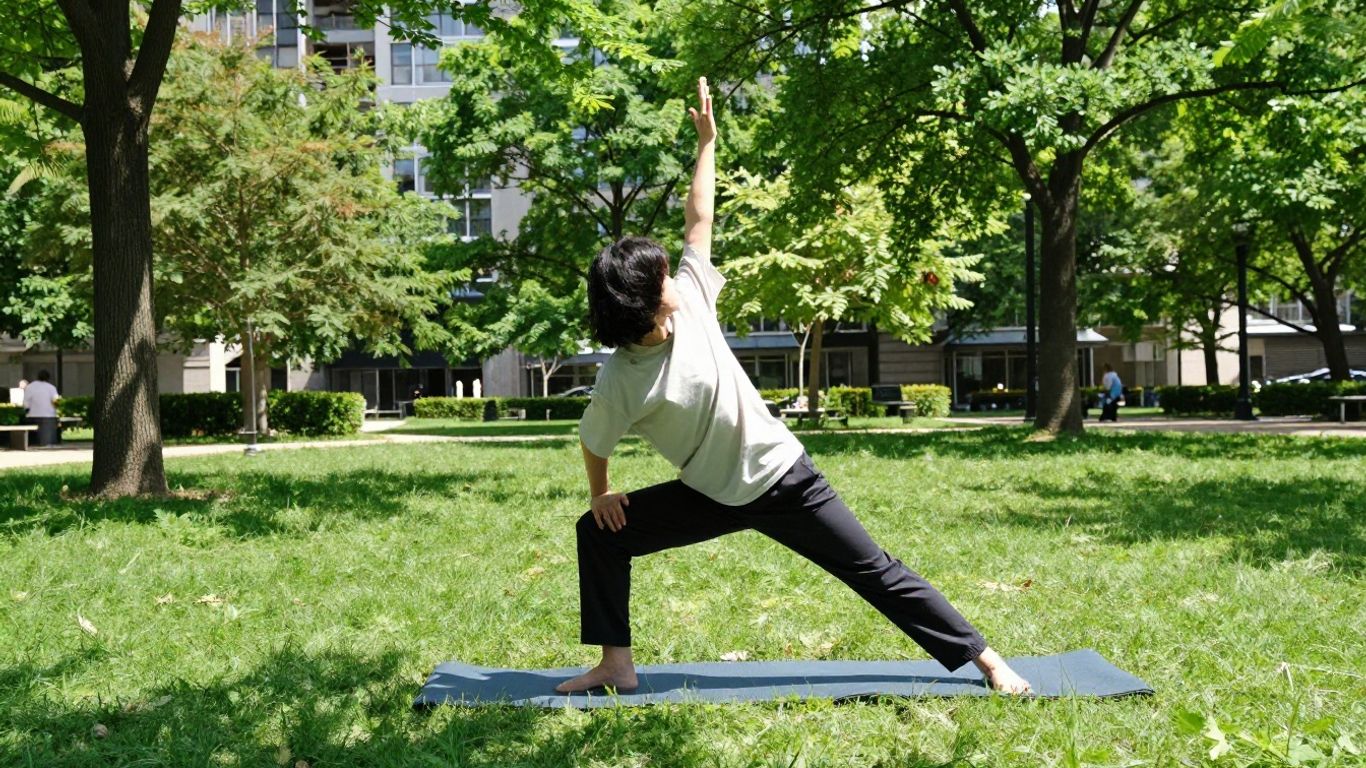 Person stretching slowly in a quiet park