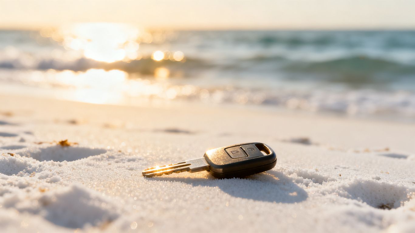 A lost car key on a sandy beach