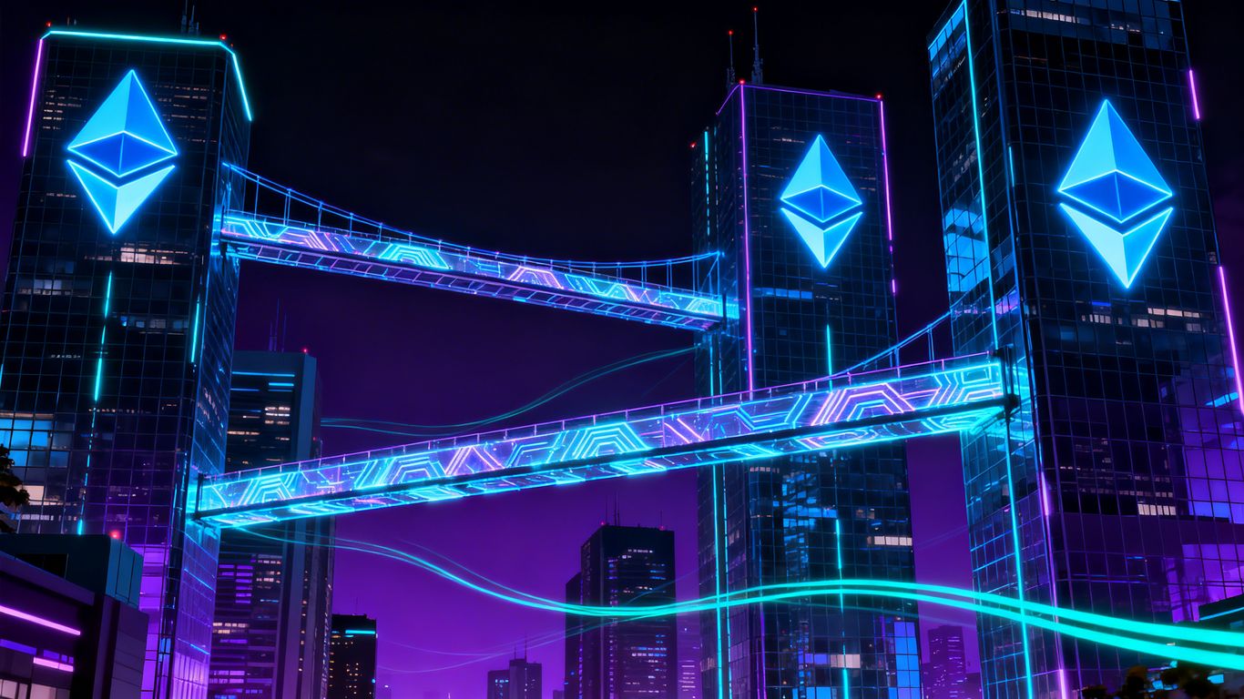 Ethereum city with digital bridges and glowing logos.