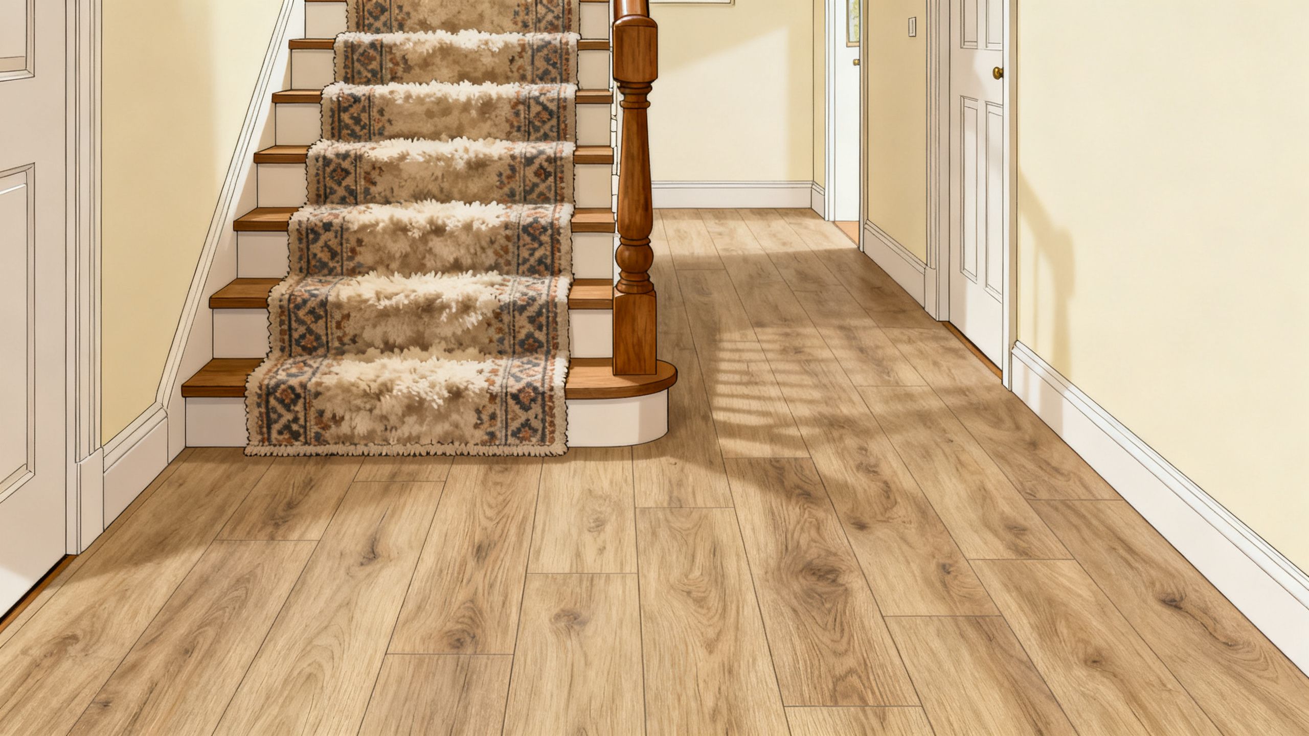 Illustrative Bristol home showing carpet on stairs beside a fitted LVT hallway floor