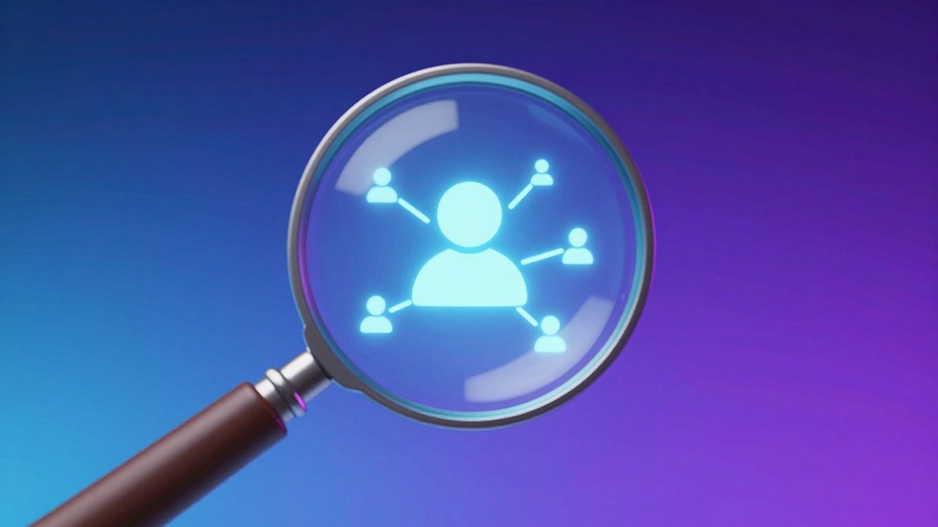 Magnifying glass over glowing user data network.