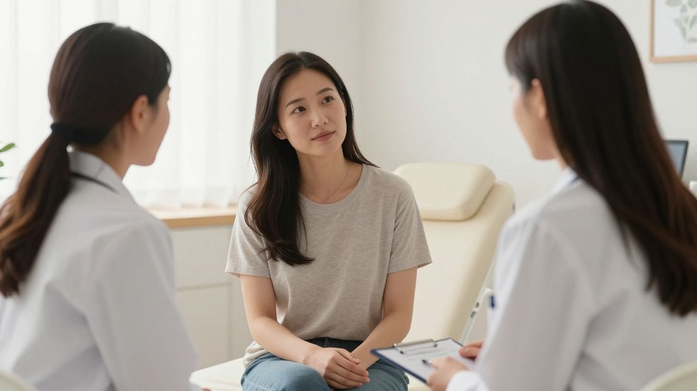 Mulher conversando com médica sobre contracepção e saúde
