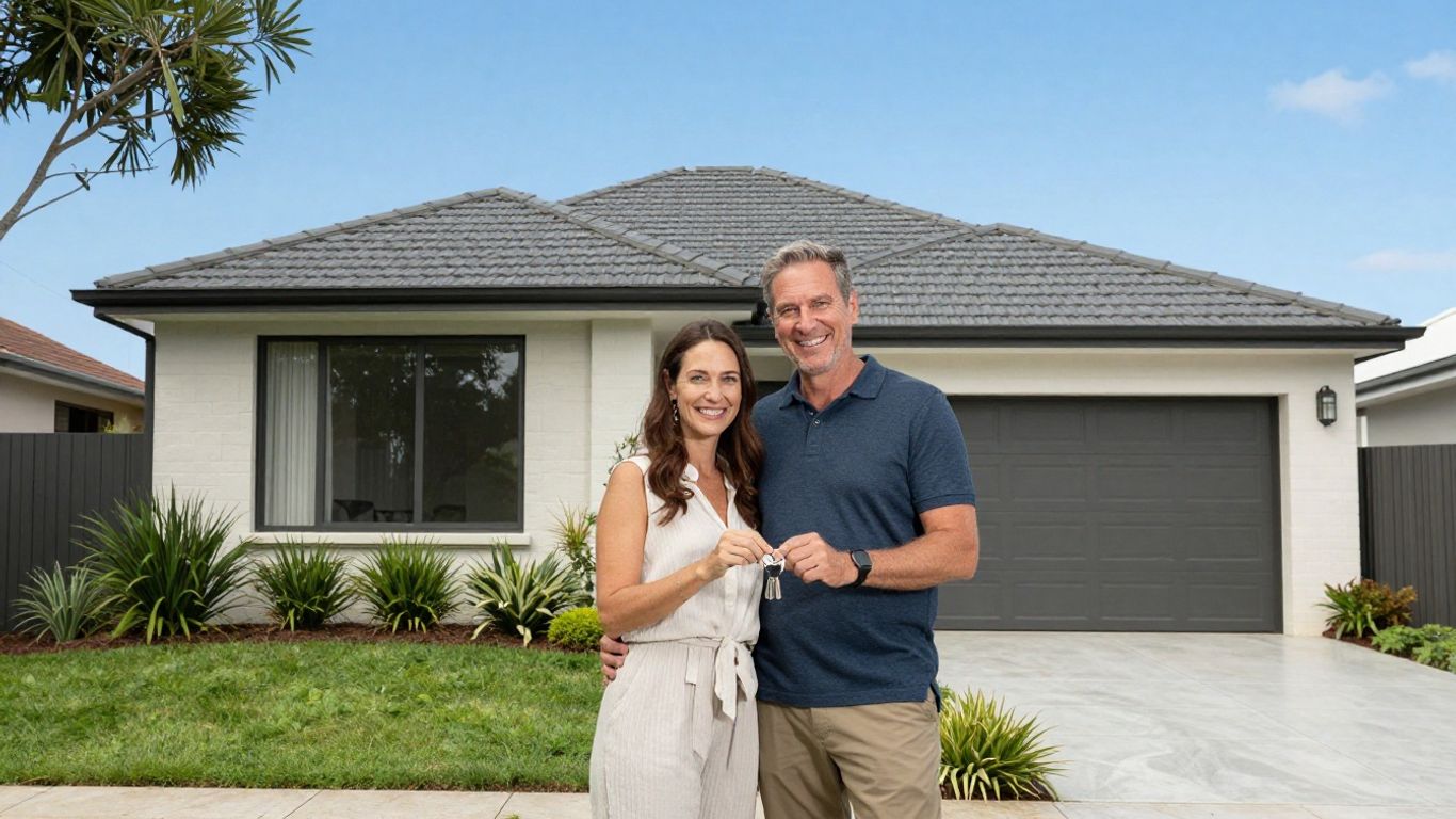 Couple holding keys outside dream home