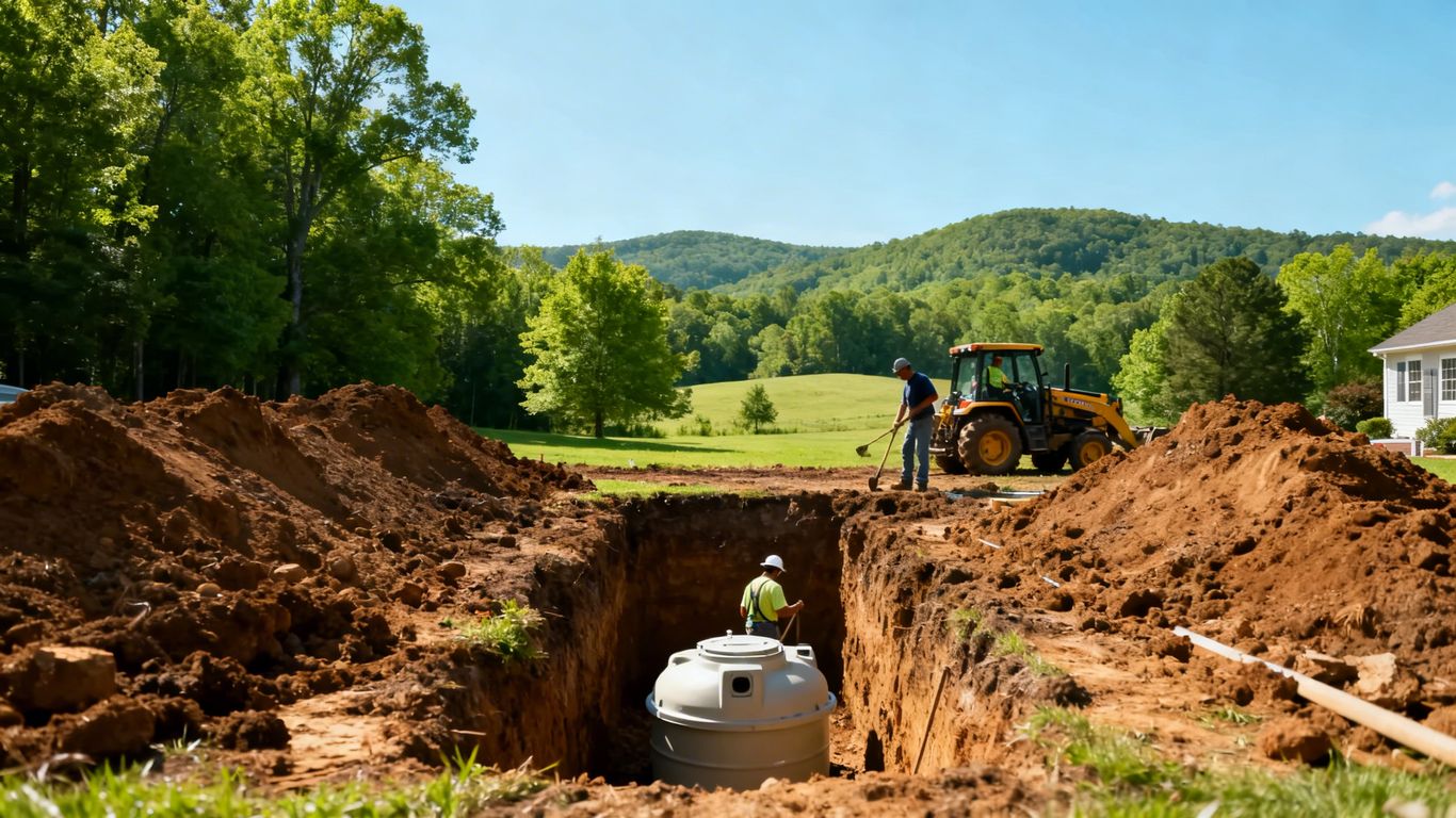 Septic system installation in North Georgia with excavation and tank.