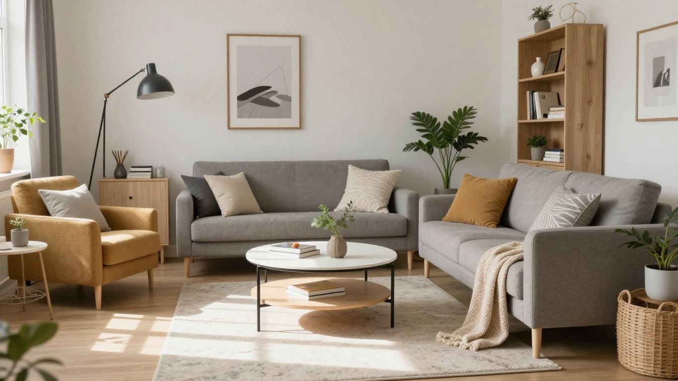 Salon IKEA cosy avec lumière naturelle et mobilier stylé.