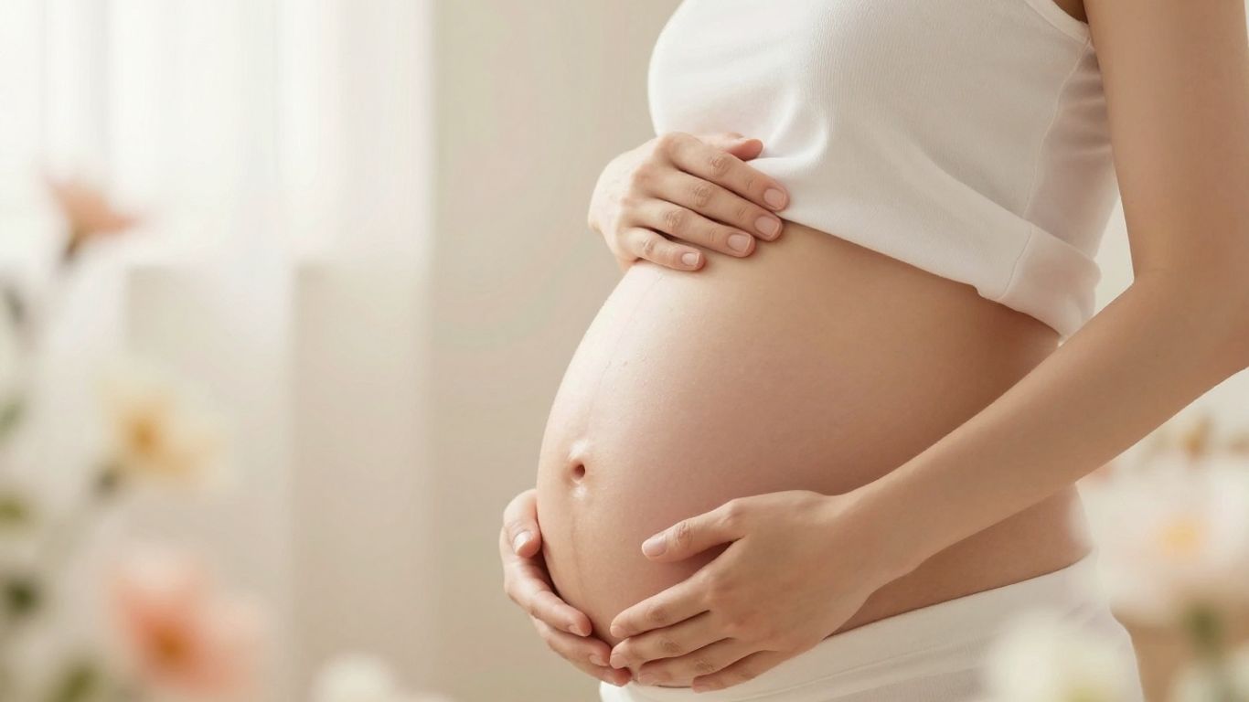 Pregnant woman holding her belly, surrounded by soft light and flowers.