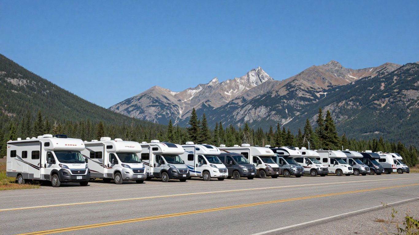 Various motorhomes parked on a scenic Canadian highway.