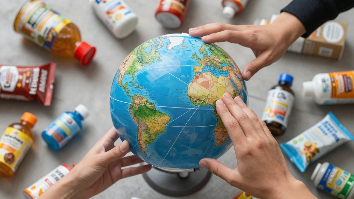 Global dropshipping model with products and interconnected lines.