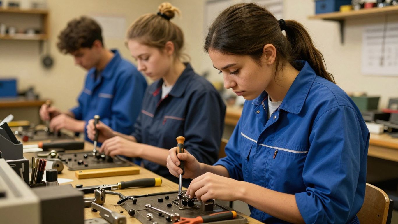 Diverse students learning in a modern, well-lit classroom