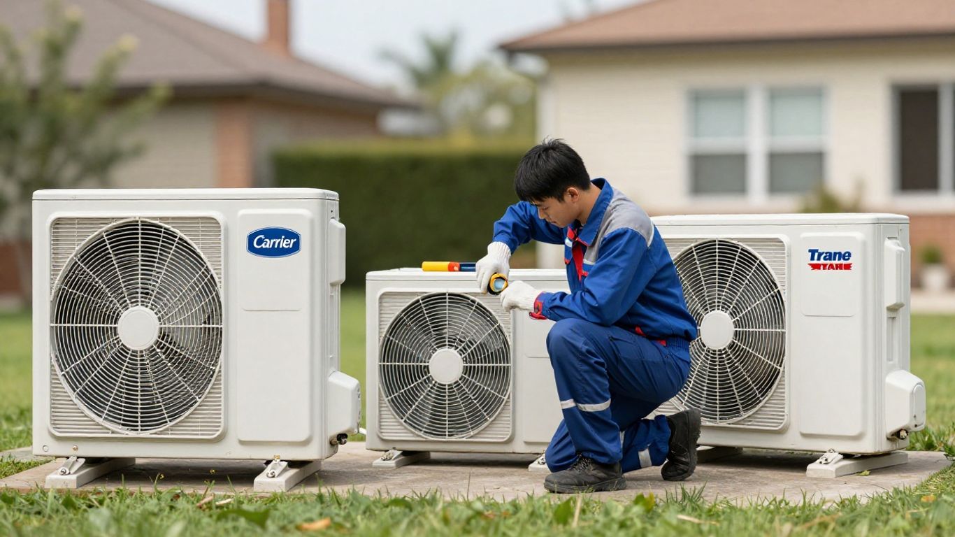 Technician repairing Carrier and Trane AC units.
