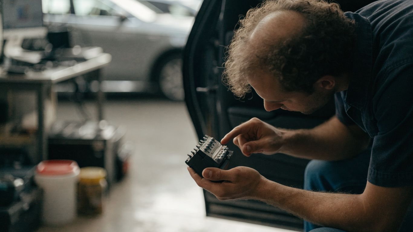 Technician inspecting an ABS control module