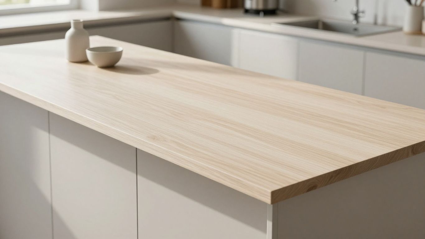 Durable B&Q kitchen worktop with subtle wood grain.