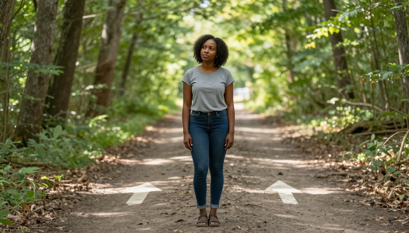 A thoughtful Black woman in her 30s stands at a fork in a peaceful, sunlit forest path, looking contemplative as she considers which way to go, symbolizing making a difficult life decision with clarity and peace.