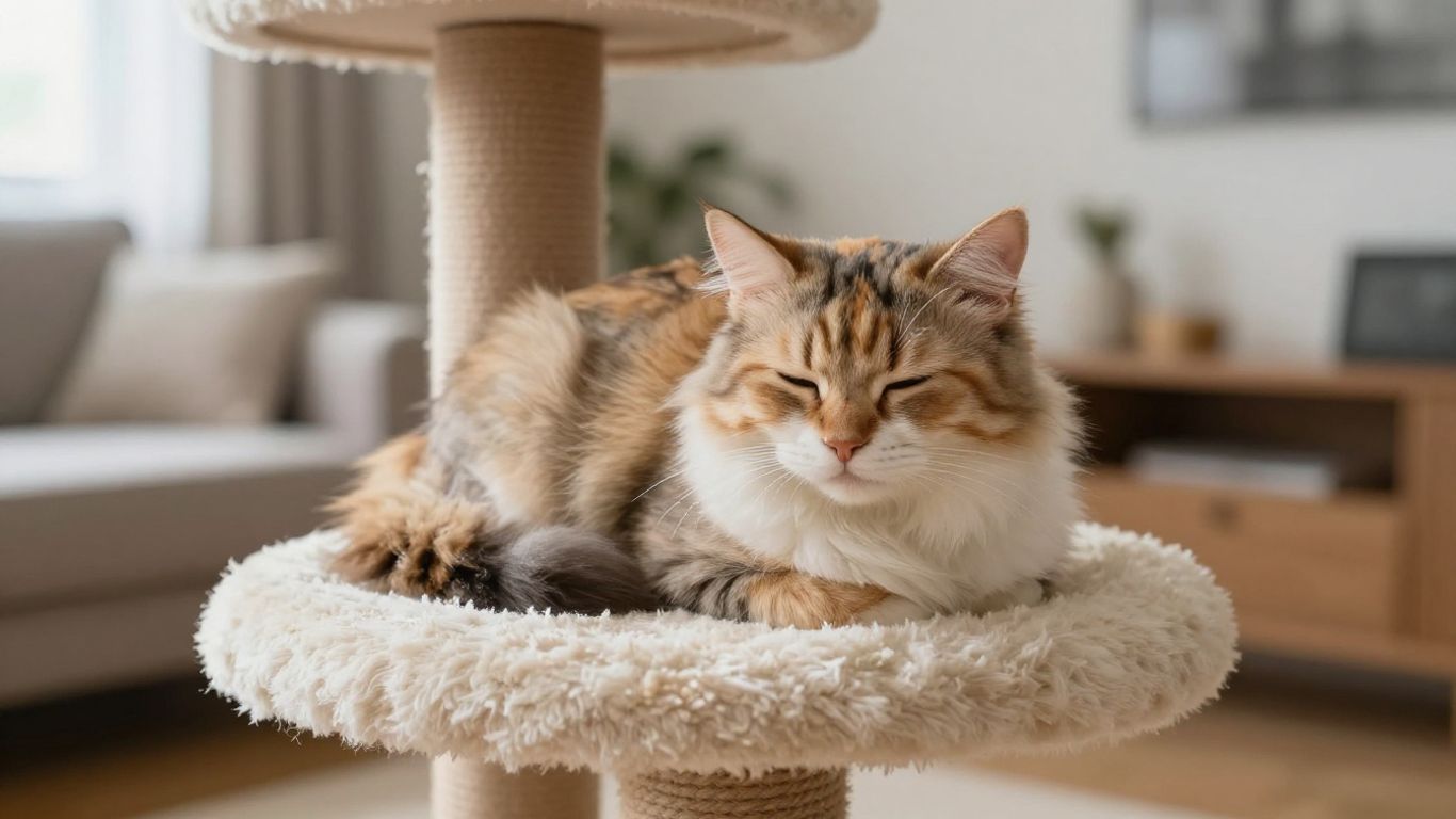 A cozy cat hiding in a tall cat tree