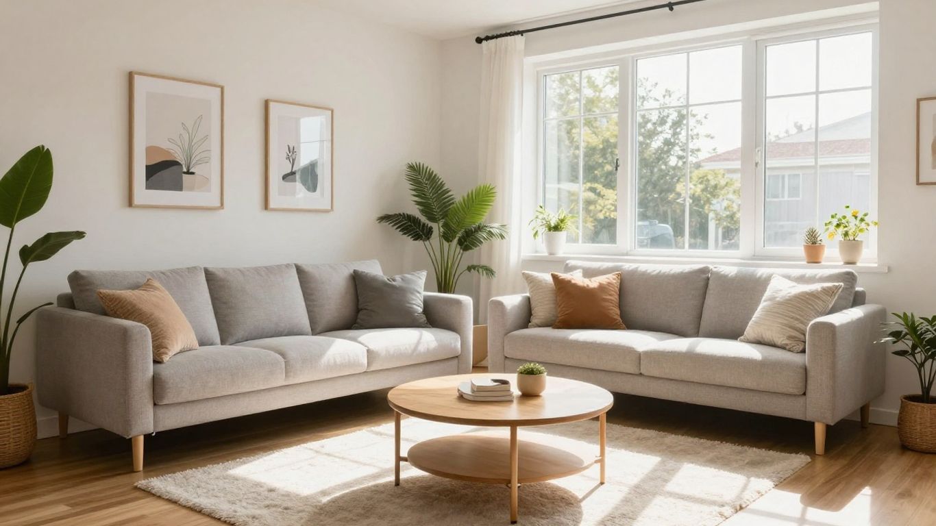 Modern Airbnb living room with furniture and natural light.