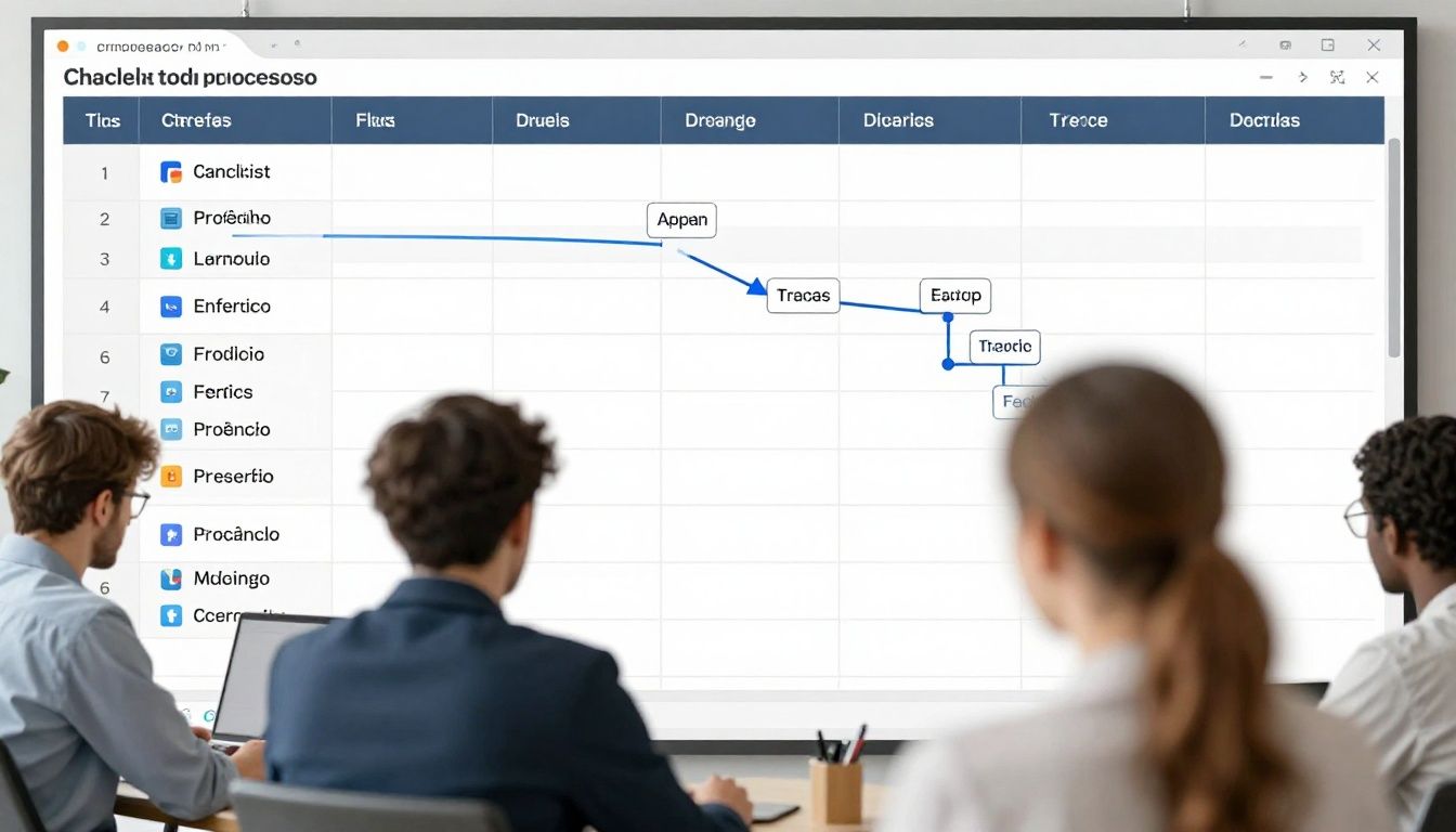 Profissional organizando tarefas em um ambiente de trabalho moderno, com checklist, calendário e fluxo de processos representando eficiência e prevenção de retrabalho