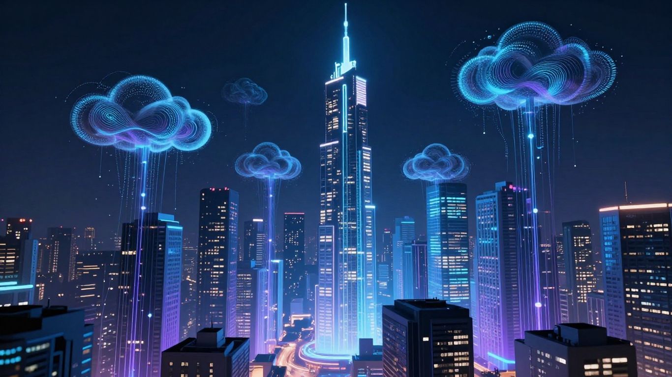 Futuristic cloud architecture with AI data streams.