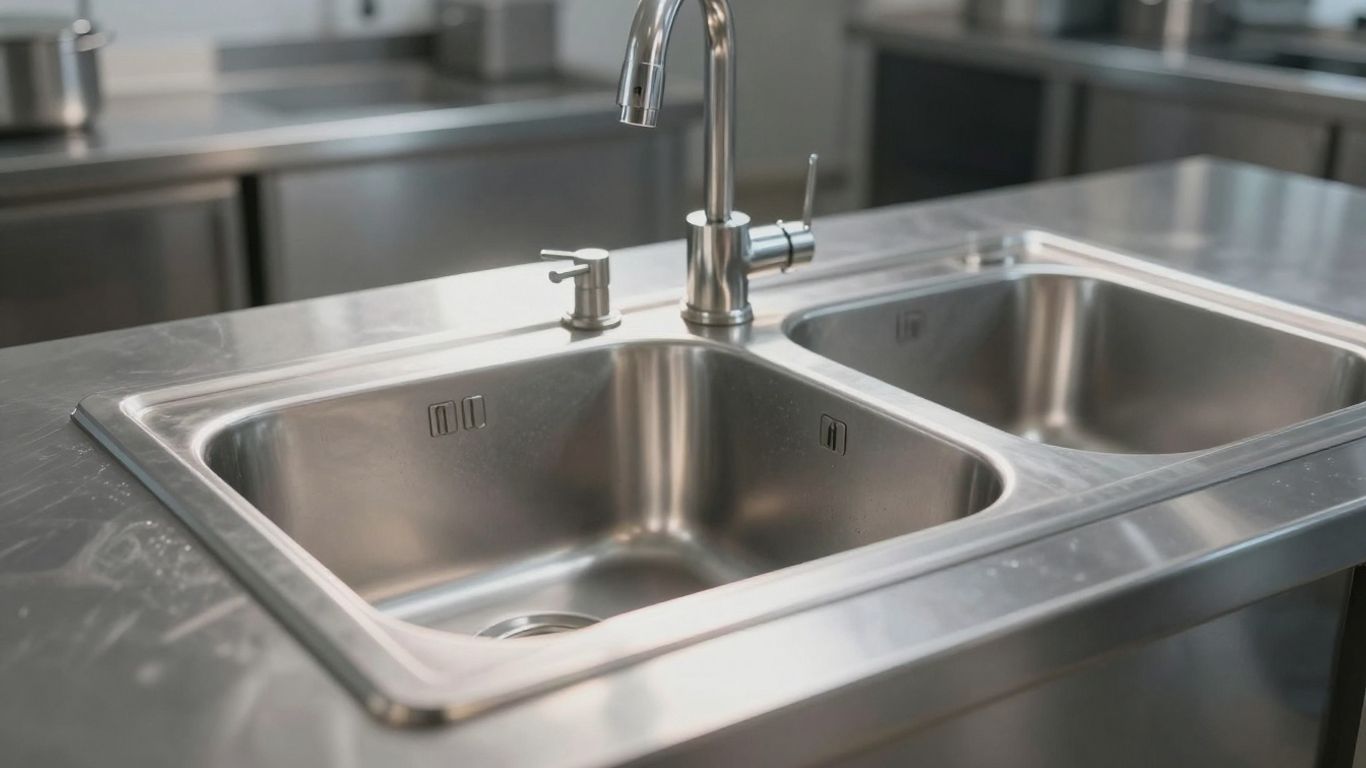 Stainless steel commercial sink in a kitchen setting.
