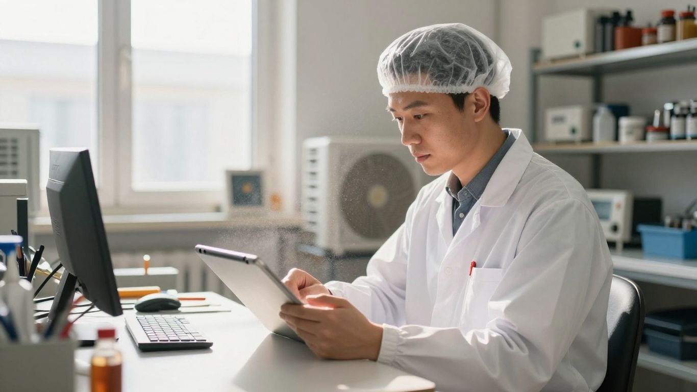 Technician using tablet for HVAC field operations.