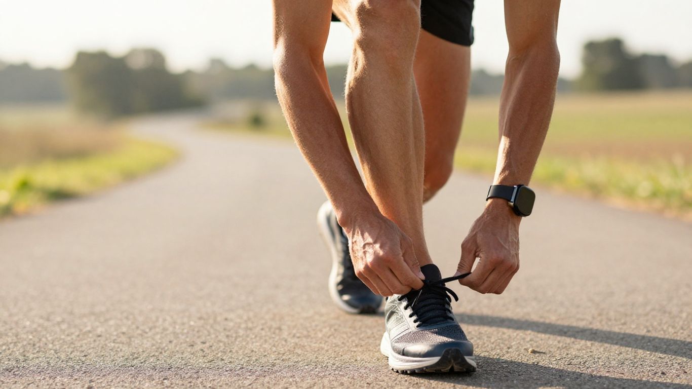 Runner tying shoelaces, preparing for a marathon.