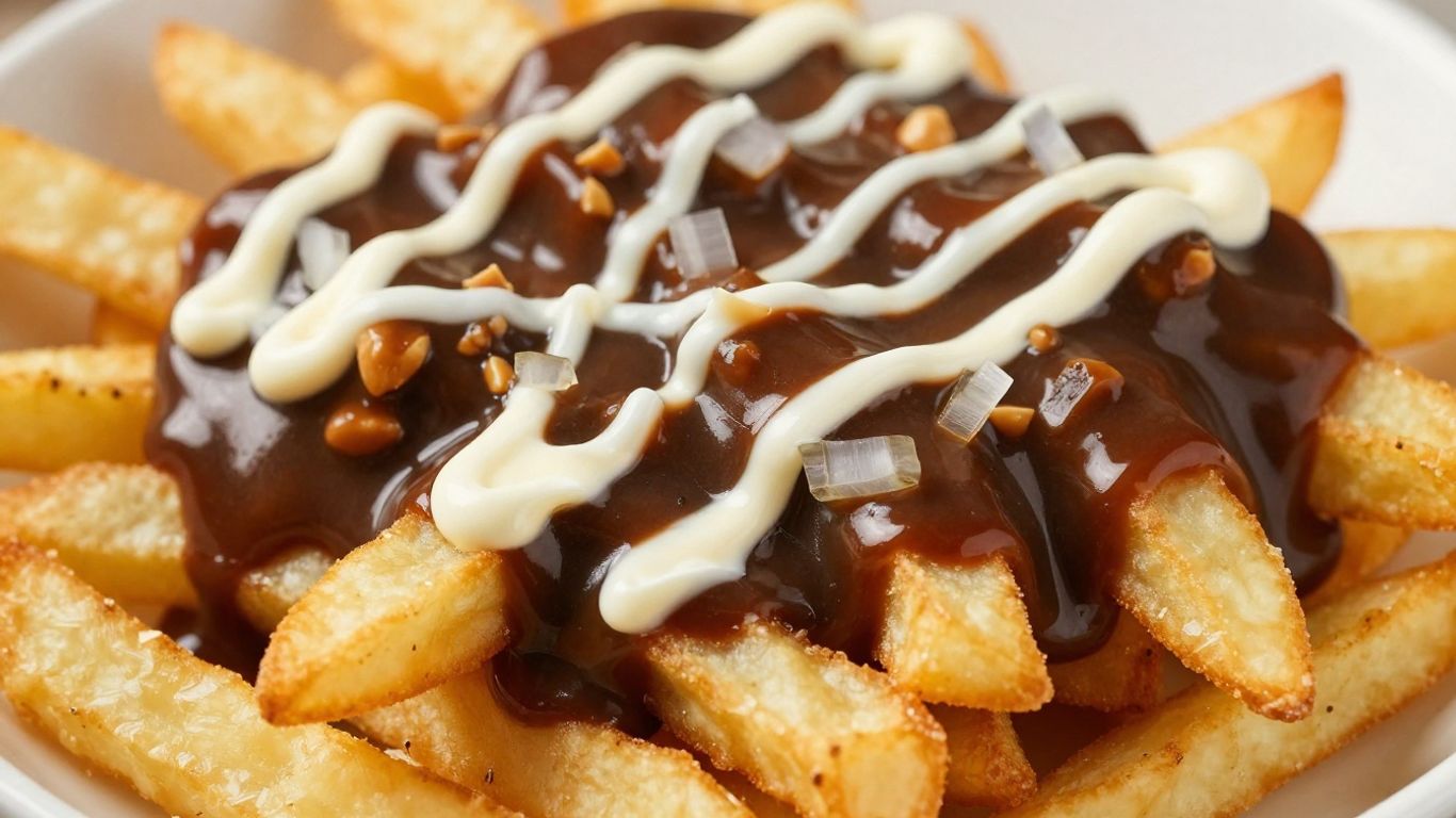 Patatje Oorlog with mayonnaise, peanut sauce, and onions.