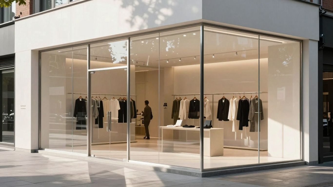 Modern aluminium shopfront with large glass panels.