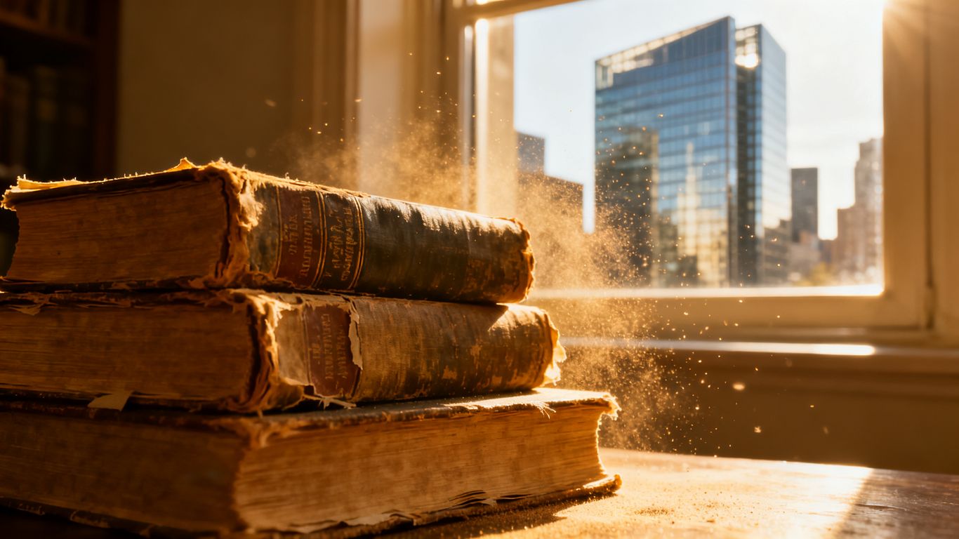 Books predicting market trends with city skyline.