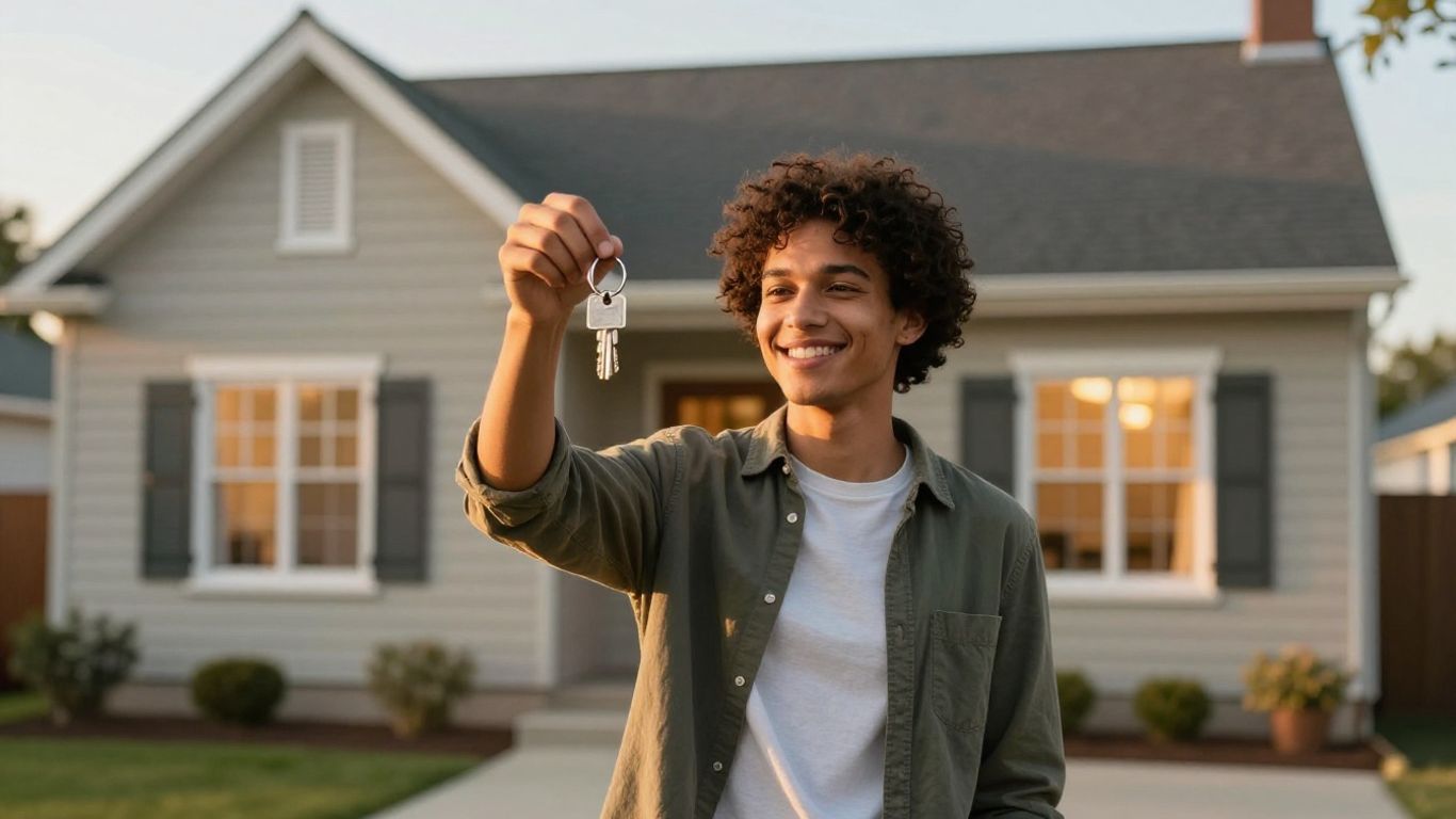 Persona feliz con llave frente a casa segura.