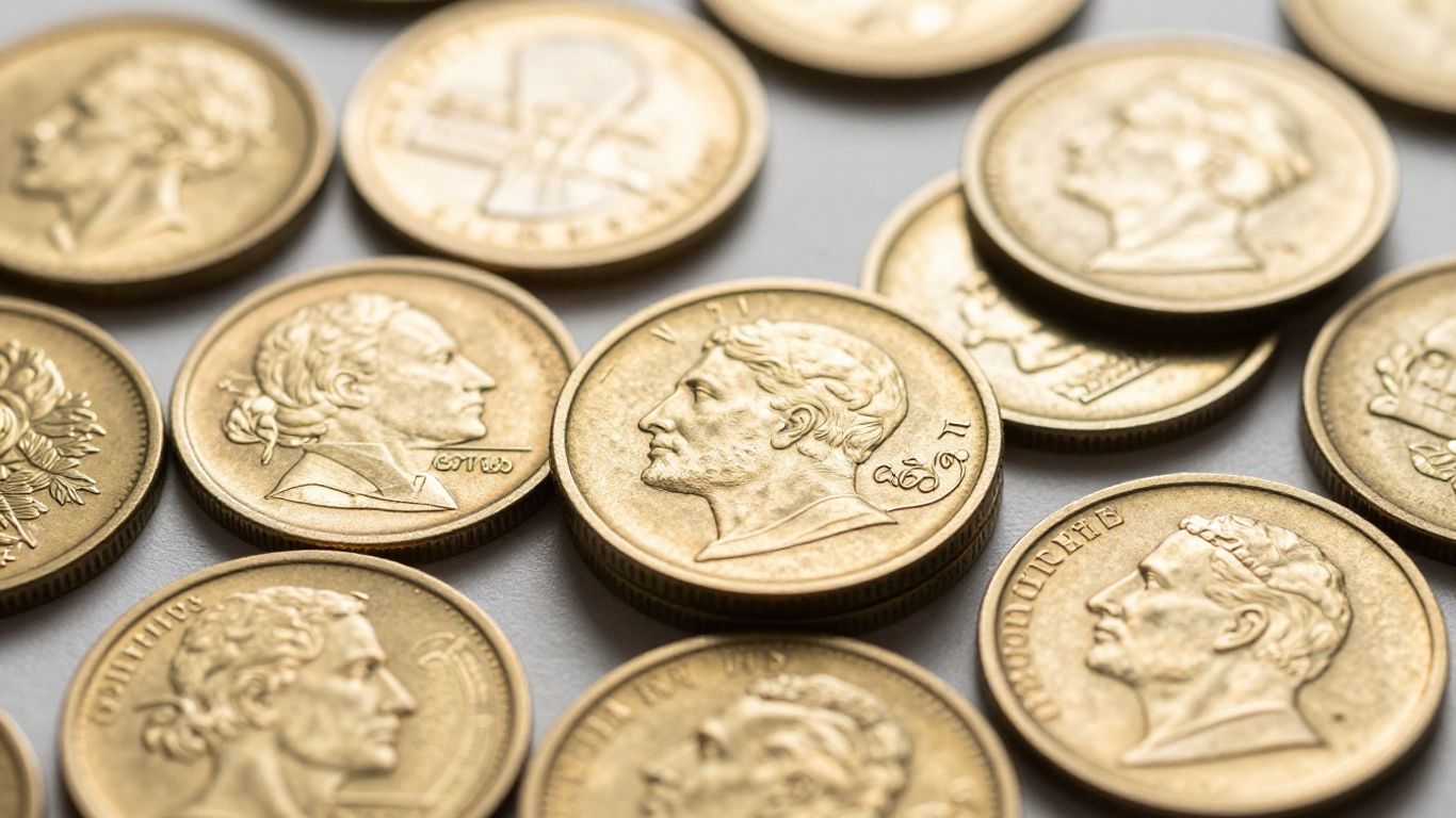 Pièces d'or de collection, gros plan, brillance métallique.