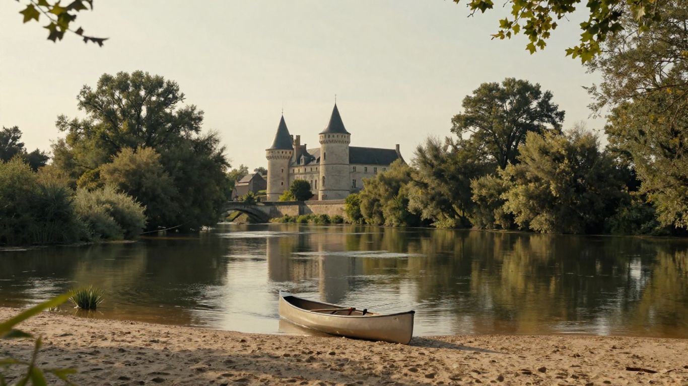 Canoe passing Loire Valley château riverbank