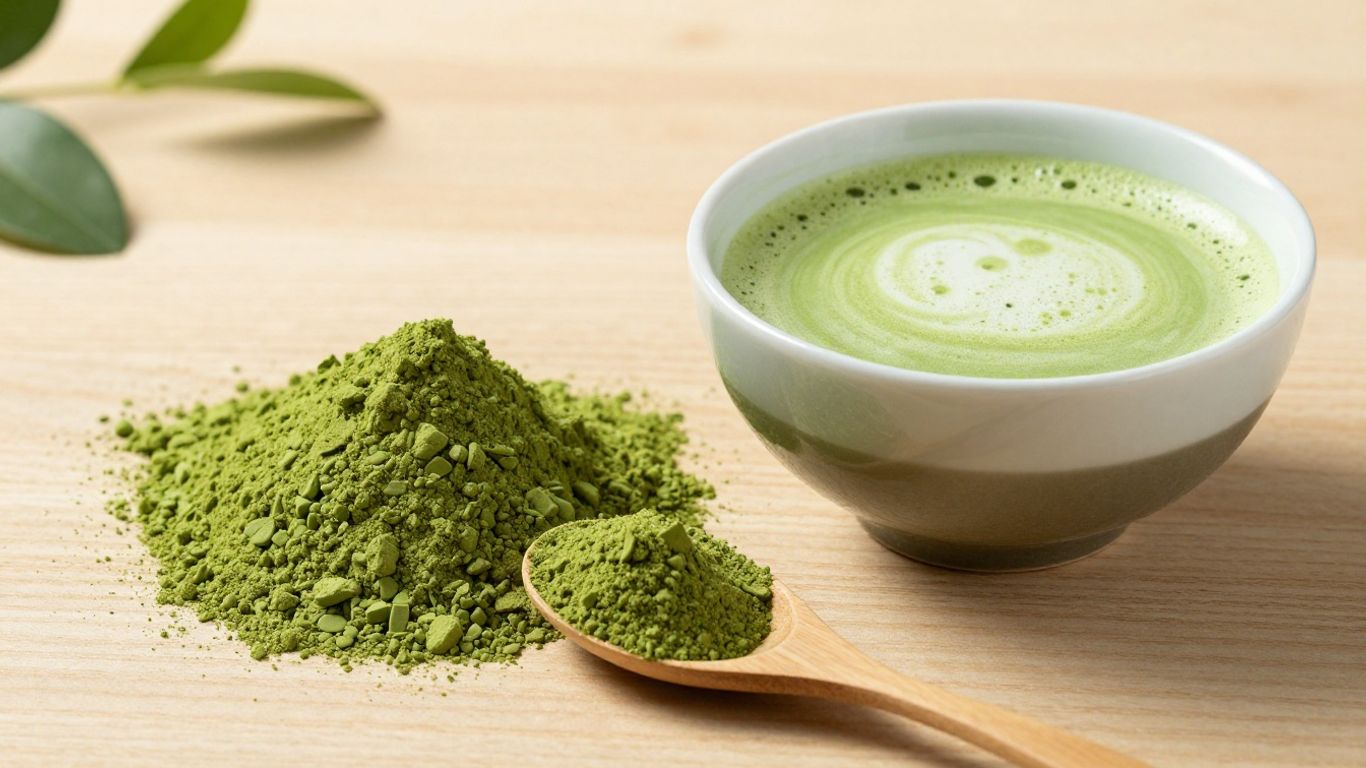 Matcha powder and a frothy matcha latte in a bowl.
