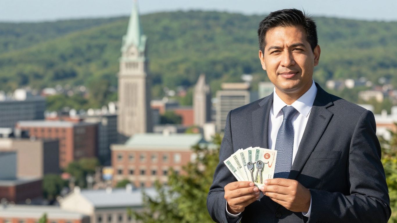 Pennsylvania real estate agent with keys and cityscape background.
