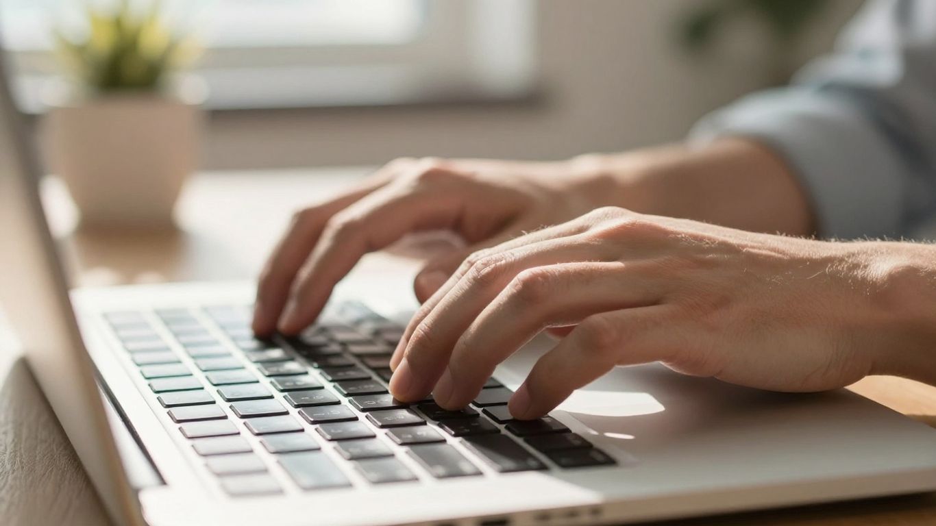 Hands typing on a laptop keyboard for affiliate marketing.