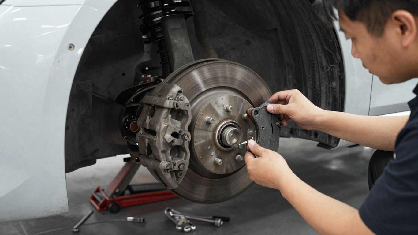 Technician inspecting brake pads beside vehicle wheel