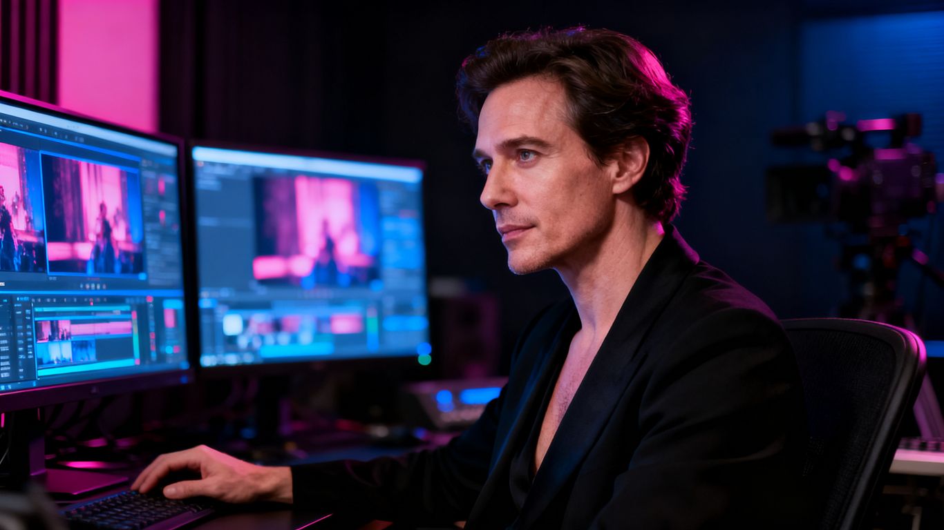 Adult creator reviewing cinematic AI video clips in a private studio