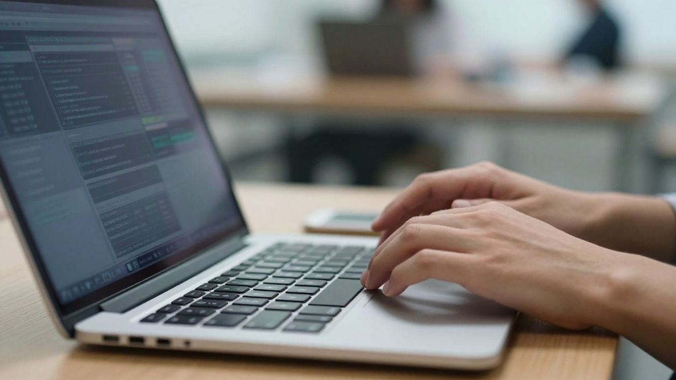 Hands using a laptop for day trading.