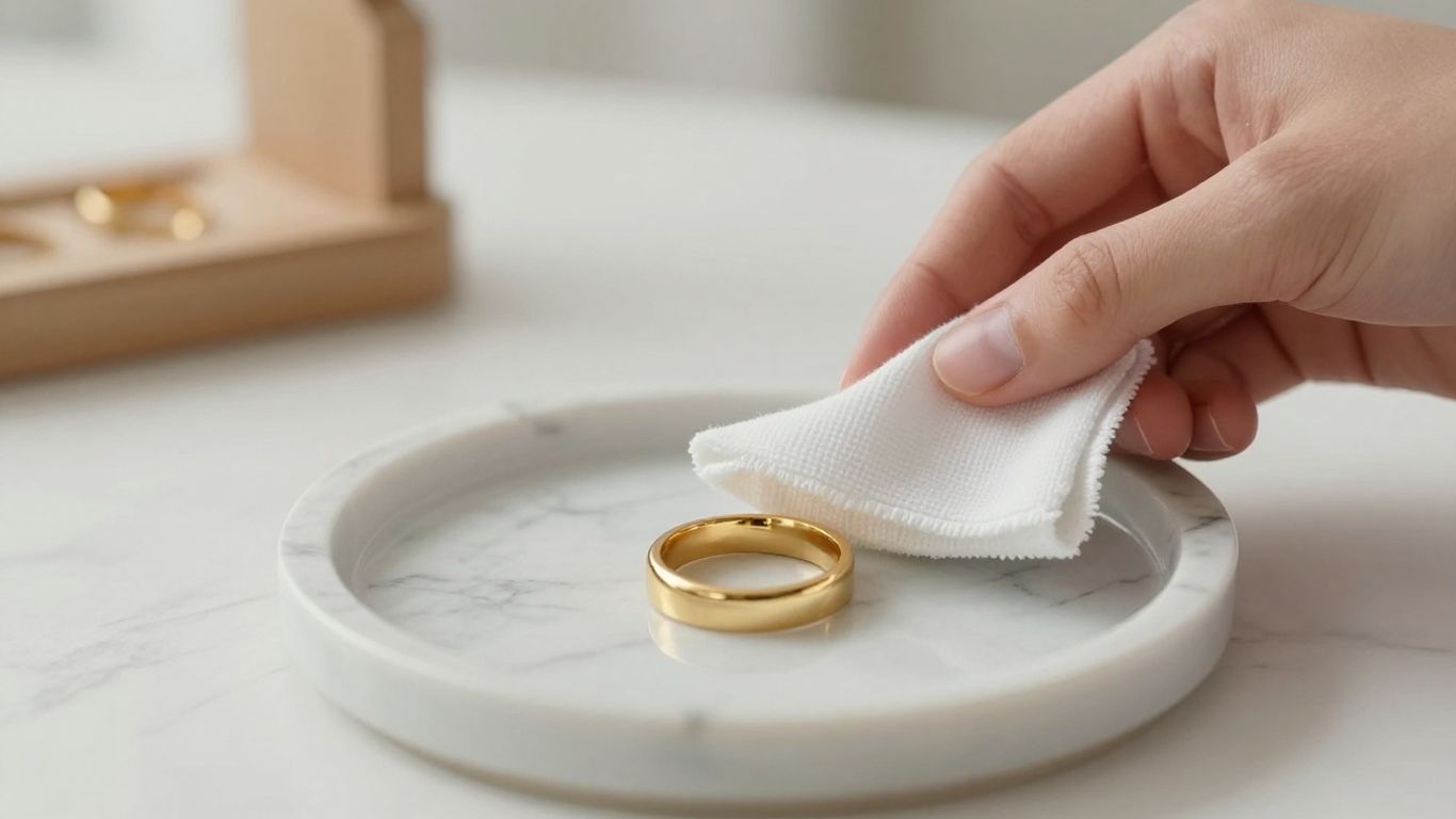 Soft cloth polishing a gold ring on marble