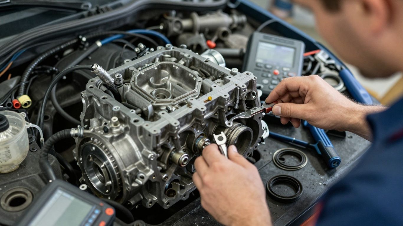 Technician examining clean used BMW drivetrain components