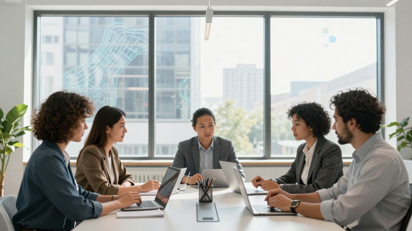 Team collaborating in a modern office with digital patterns.